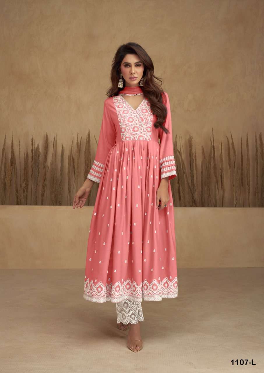 AADHRA VOL 5 LIGHT COLOR PURE RAYON LAKHNAWI WORK NAYRA CUT KURTI WITH COTTON PLAZZO AND DUPATTA BY S3FOREVER BRAND 1107 L